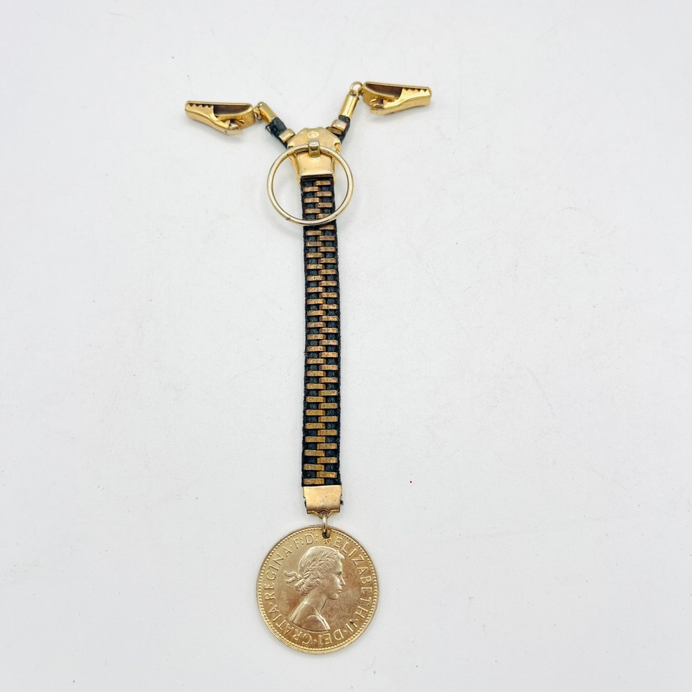 Vintage Zipper Sweater Guard Cardigan Clip 1964 Queen Elizabeth II Penny Coin 7"
